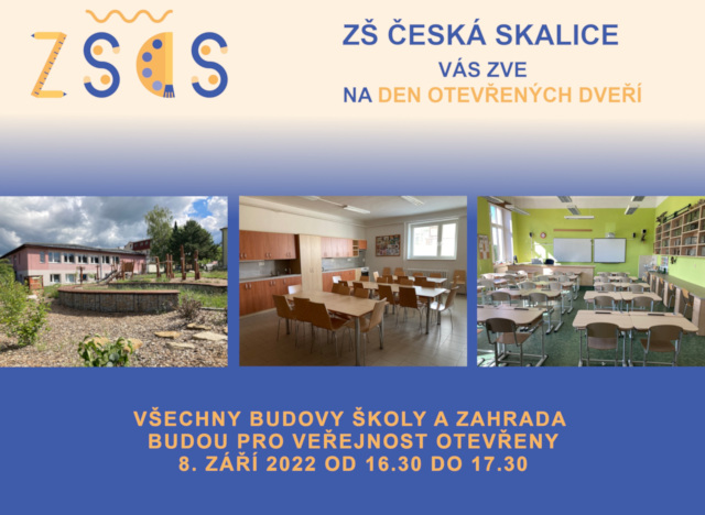 ZŠ Česká Skalice vás zve na den otevřených dveří. Všechny budovy školy a zahrada budou pro veřejnost otevřeny 8. září 2022 od 16:30 do 17:30 