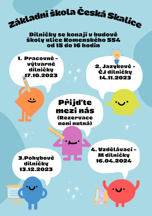 Dílničky se konají v budově školy ulice Komenského 554 od 15 do 16 hodin. 1. Pracovně - výtvarné dílničky 17. 10. 2023, 2. Jazykové ČJ dílničky 14. 11. 2023, 3. Pohybové dílničky 13. 12. 2023, 4. Vzdělávací M dílničky 16. 04. 2024. Přijďte mezi nás (Rezervace není nutná)